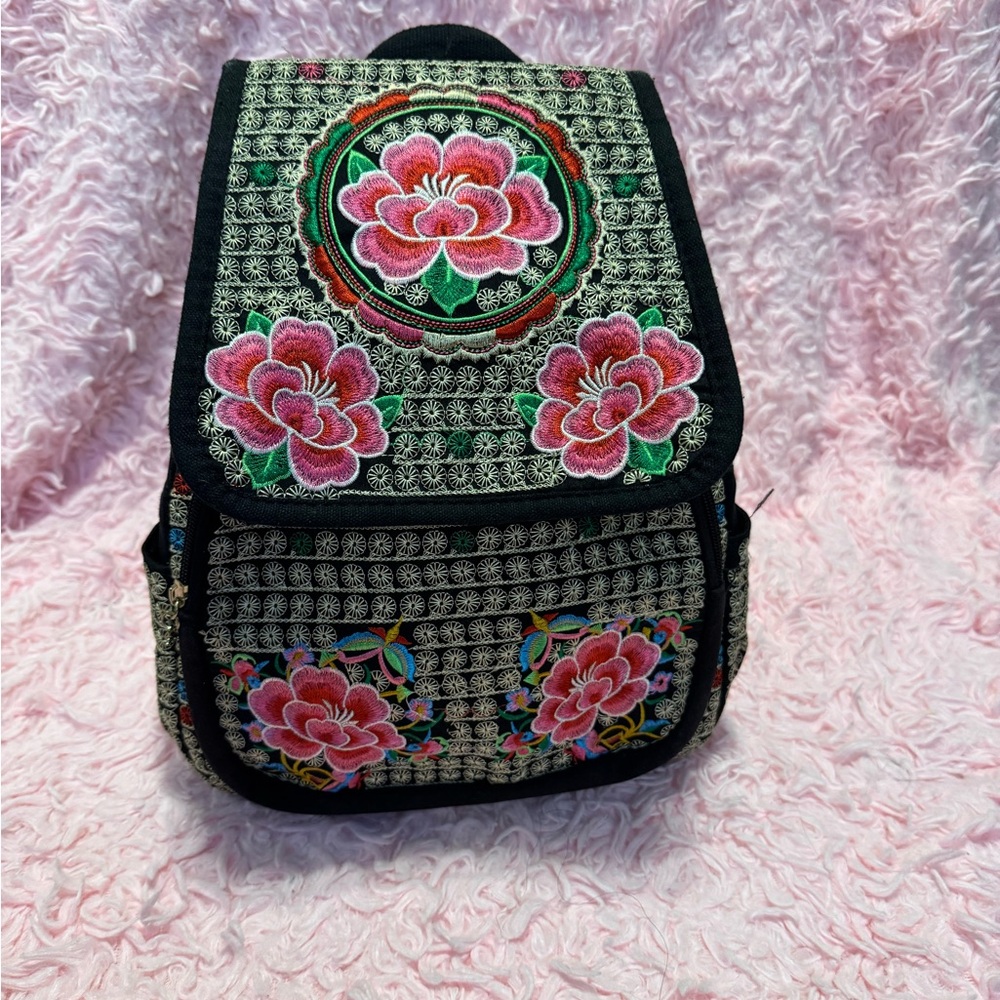 Floral Embroidered Backpack - Black and Pink